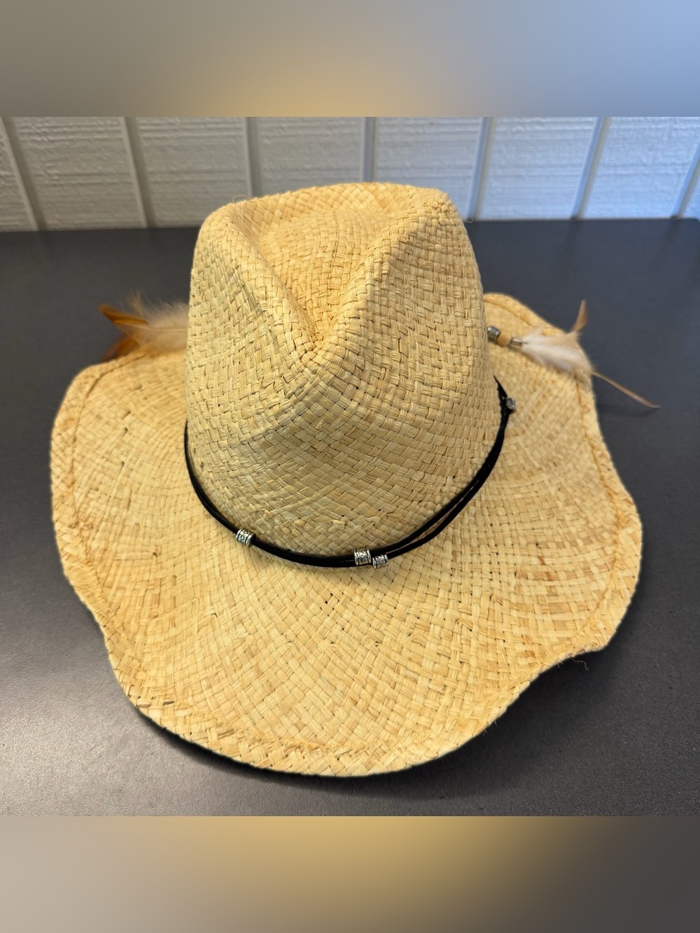 Giovannio New York Straw Cowgirl Cowboy Hat Feathers & Bead Adornment